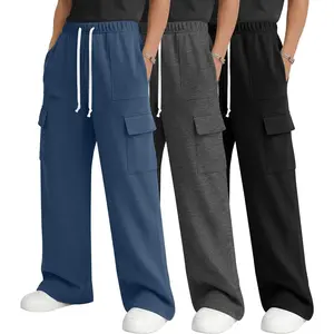 3 Pack Boys Cargo Sweatpants Baggy Wide Leg Drawstring Pants Open Bottom Casual Workout Joggers 5-14Y