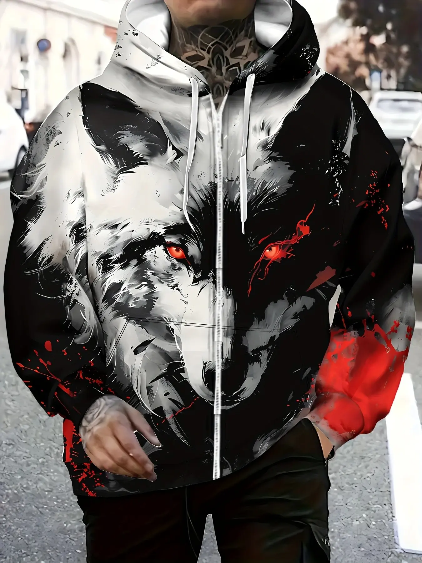 High Street Style Eye Wolf King Full Print Sweatshirt, Drawstring Zipper, Block, Loose Fit Hooded Jacket