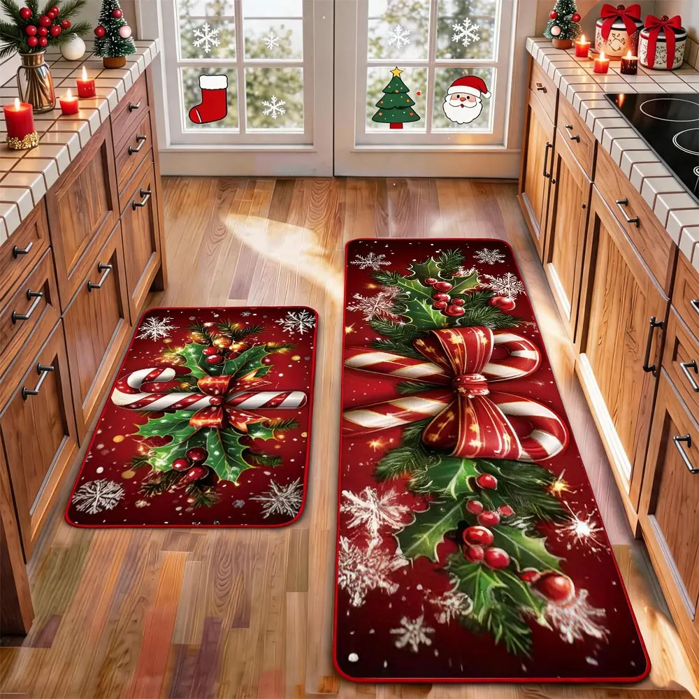 2 Pcs Christmas Kitchen Rug Mat Gnomes Gingerbread Tree Santa Clause Snowflake Red Black Floor Mat Set Farmhouse Kitchen Rug Non Slip Restaurant Floor Dining Room Laundry Room Decor Carpet Mat Winter Decor Home Decor Rug