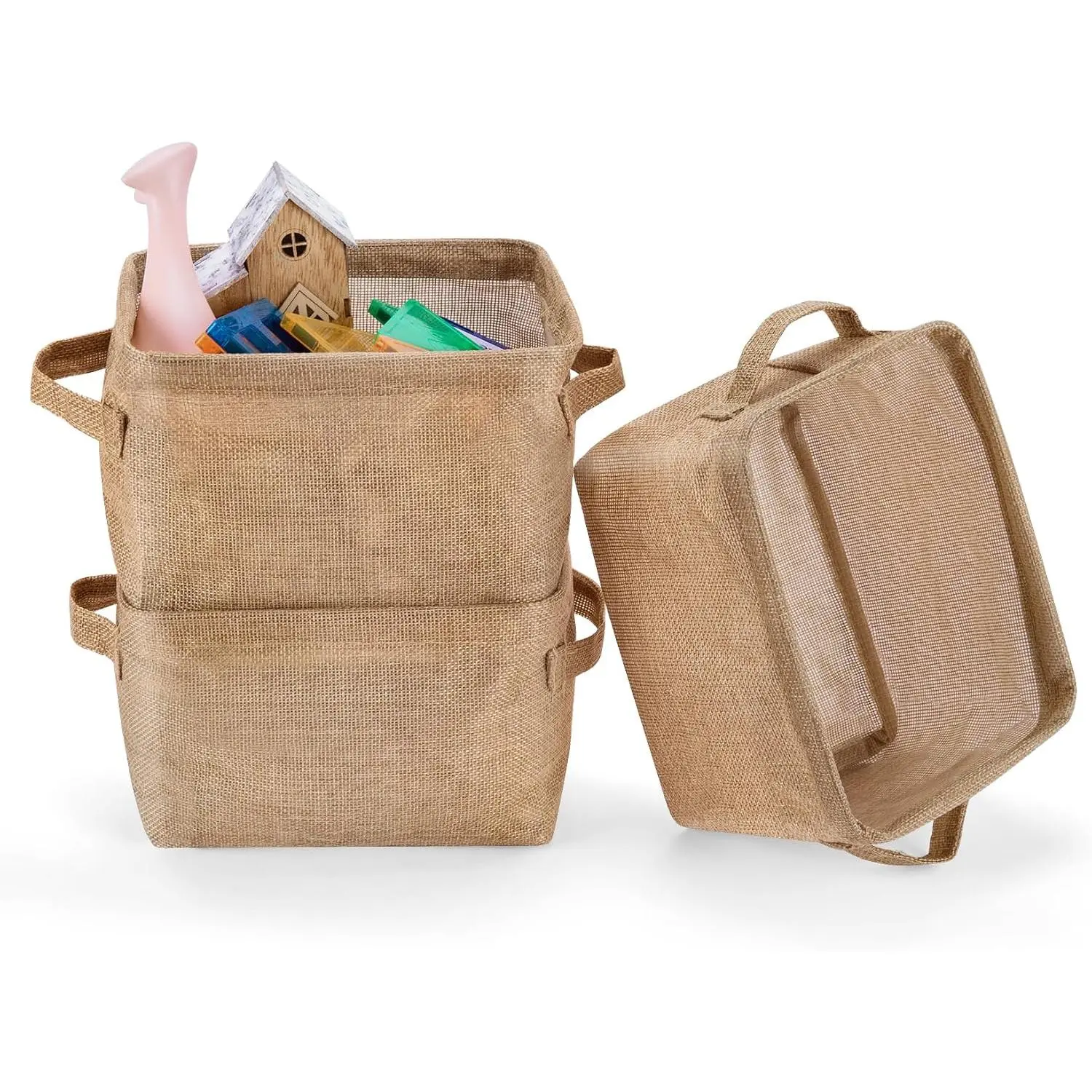 Storage Basket Bins Canvas Mini Storage Cubes Storage Basket for Makeup,  Toys Liners, Books  Storage Baskets with Handles for Shelves & Desks(3 Jute)