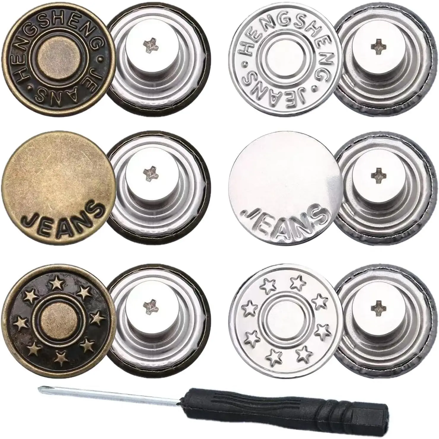 6 count Buttons pins for Loose Jeans, 17 mm No-Sew Nailess Removable Metal Jeans Buttons , Adjustable Metal Pants Button Tightener,Repair Combo Thread Rivets and Screwdrivers