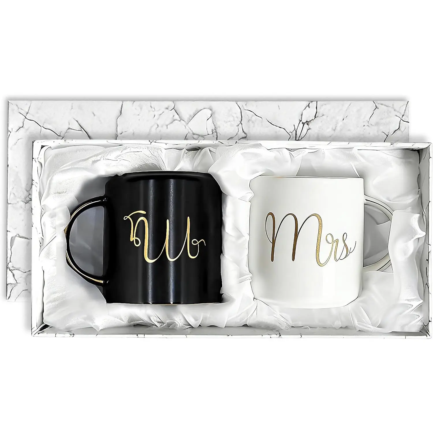 12 oz / 360 ml Mr. and Mrs. Mug, Ceramic Coffee Couple Mug Set | His and Hers Mugs for Bride and Groom, Anniversary, Valentines, Bridal Shower, Engagement Gifts, Black & White