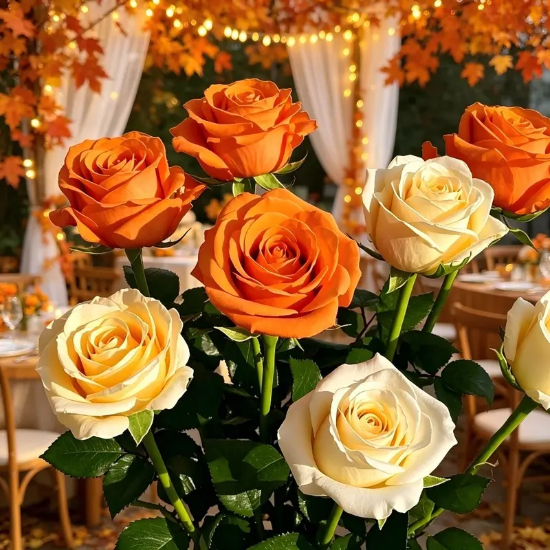 Set of 12/24 Multicolored Artificial Autumn Roses  LongStemmed Champagne  Orange Roses  Realistic Faux Rose Bouquet  Ideal for Thanksgiving, DIY Weddings, Home, Party, and Office Decor