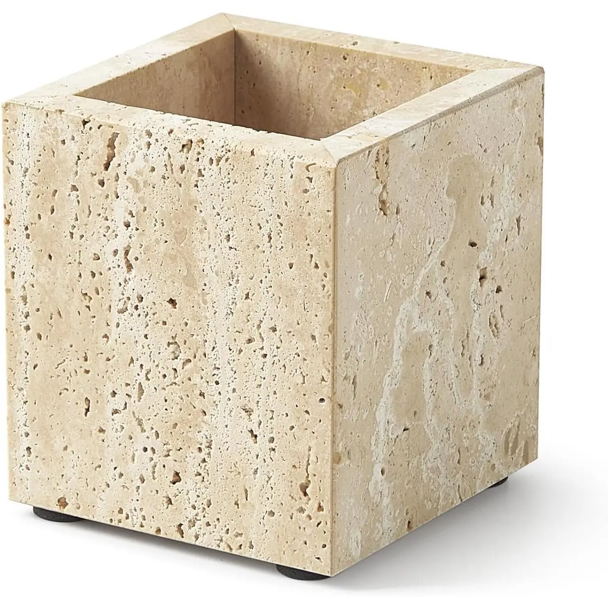 Real Natural Travertine Toothbrush Holder & Pen & Makeup Brush Holder| Genuine Stone Rectangular Bathroom Tumbler Cup & Countertop Organizer - Durable Decor for Office, Home, Vanity & Kitchen