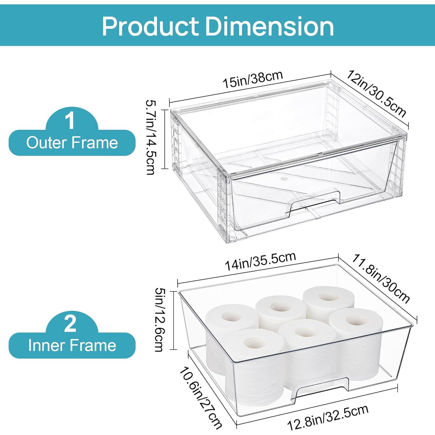 2 Pack Large Stackable Storage Drawers,Easily Assemble Clear  Bathroom Closet Undersink Organizers,Plastic Storage Bins for Cabinet,Kitchen Pantry, Organization