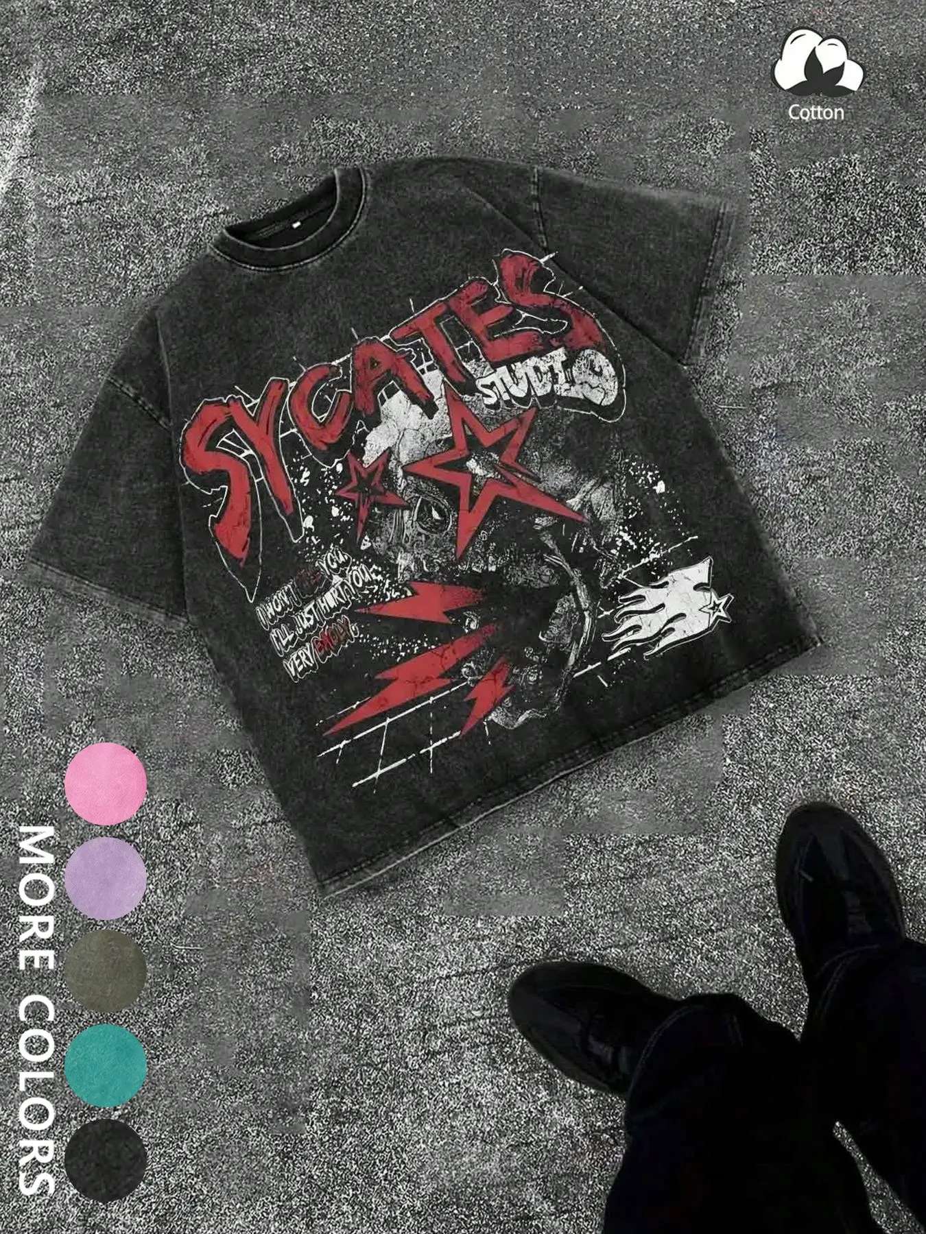 Unisex Street Style Sycates Letter & Skull Print Cotton Round Neck T-Shirt, Casual Y2K Fashion, High Street Culture,Suitable for streetwear, subculture fashion, Y2K style, high-street fashion, couple outfits
