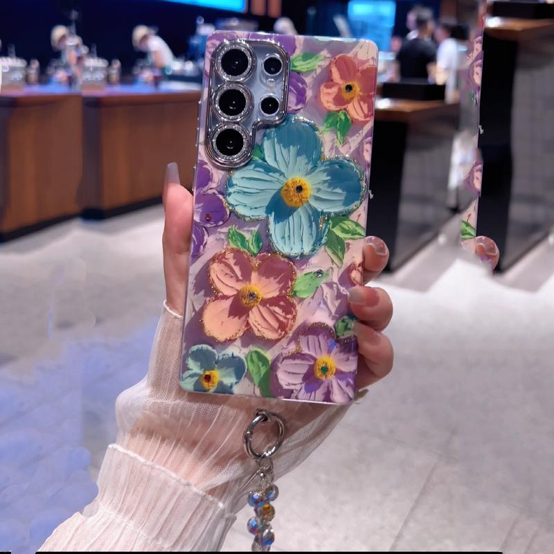 For S25/24/23/S22 blue light oil painting Green and Pink flower shell anti fall protective cover  HN201