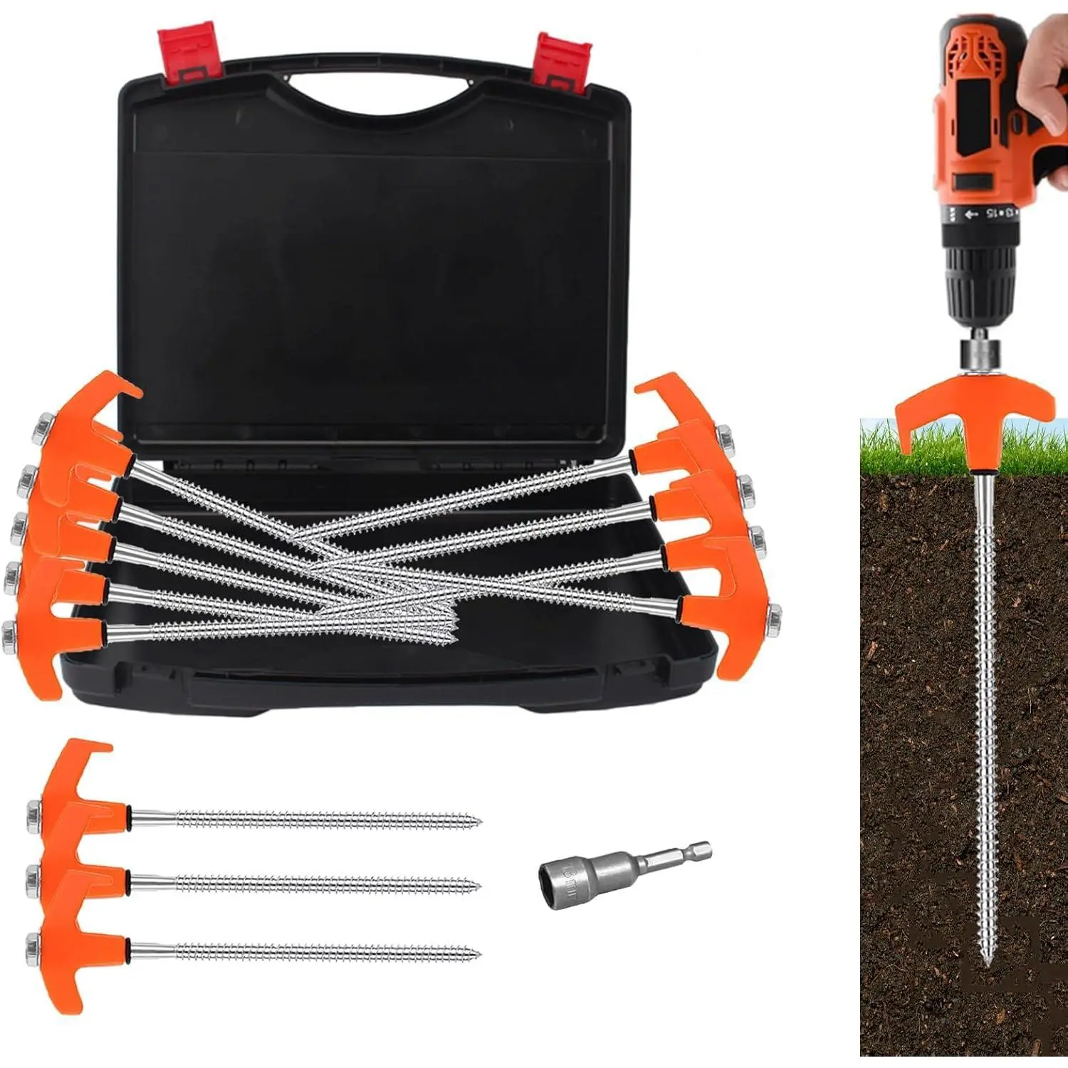 8" Tent Stakes Heavy Duty 12 Pack, Screw in Tent Stakes, Metal Threaded Camping Stakes, Ground Anchors  Canopies, Gardening, Yard Stakes  Inflatables, with Storage Box and Hex Socket
