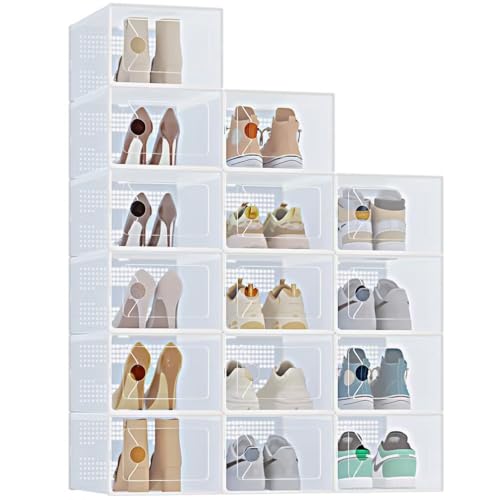 Stackable Shoe Storage Boxes with Lids, Modular Large Shoe Rack & Organizer Shelf, Transparent Front Panel for Easy Display & Identification, Breathable Hole Design to Keep Shoes Fresh, Sturdy Interlocking Structure for Customizable Storage