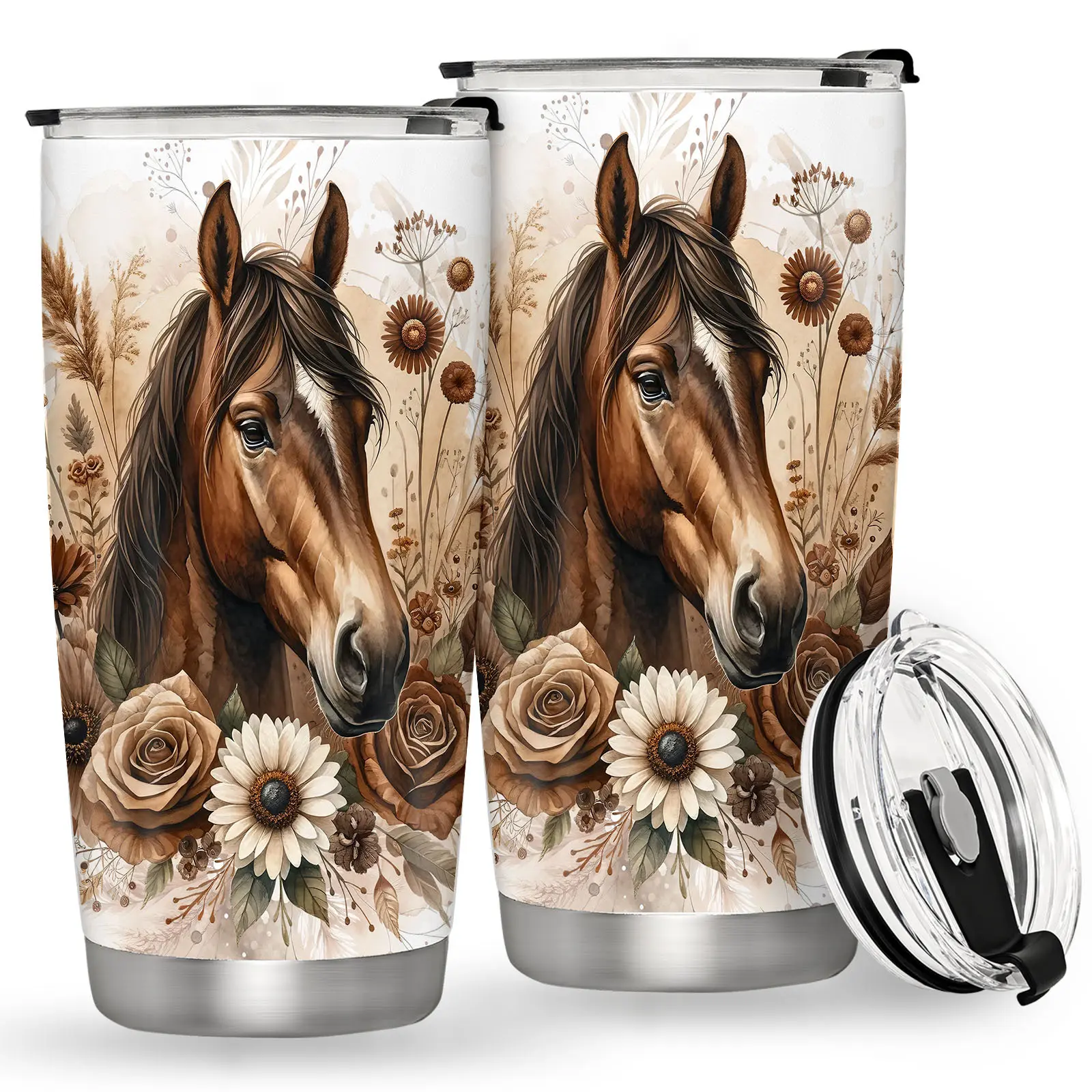 Horse-Themed 20oz (590ml) Double Wall Vacuum Insulated Stainless Steel Tumbler - Leak-Proof Lid, Portable Reusable Flask, Insulated Mug Tumbler Vacuum Flasks, Ideal Gift for Horse Enthusiasts
