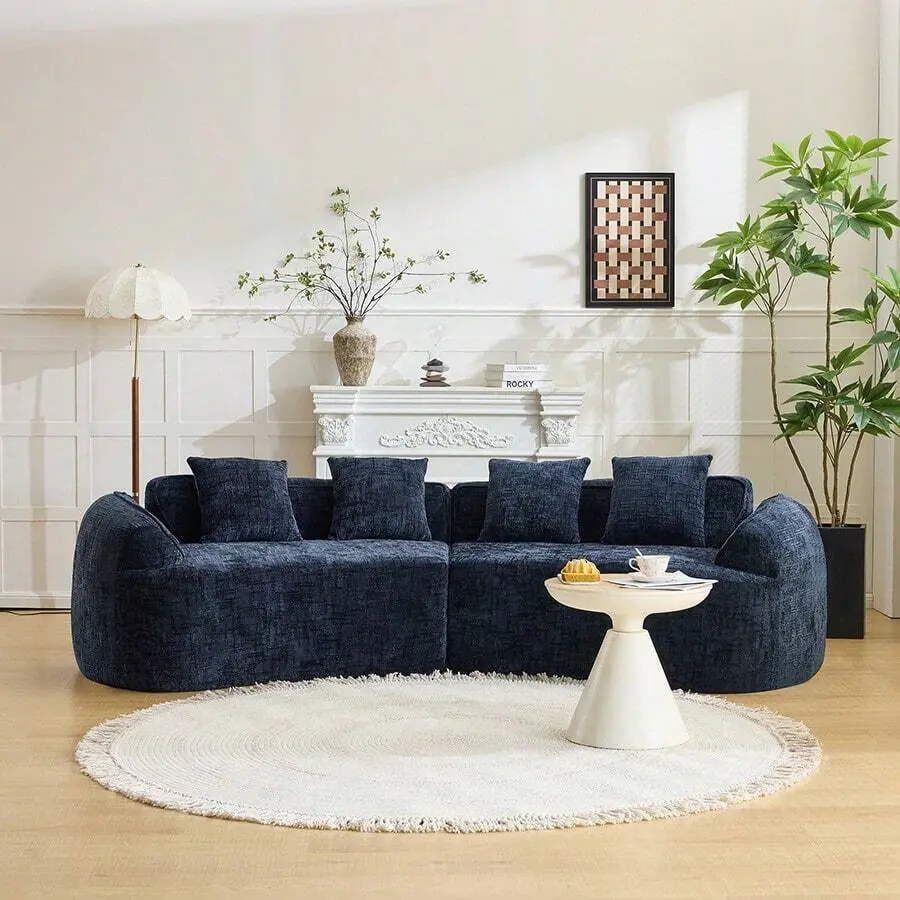 Modern Curved Chenille Sofa Couch, Nordic-Inspired Compressed Cloud Couch Living Room Bedroom Apartment, Soft 3-Seater Sofa With Comfortable Deep Seating, Boneless Sofa With Skin-Friendly, No Assembly Required