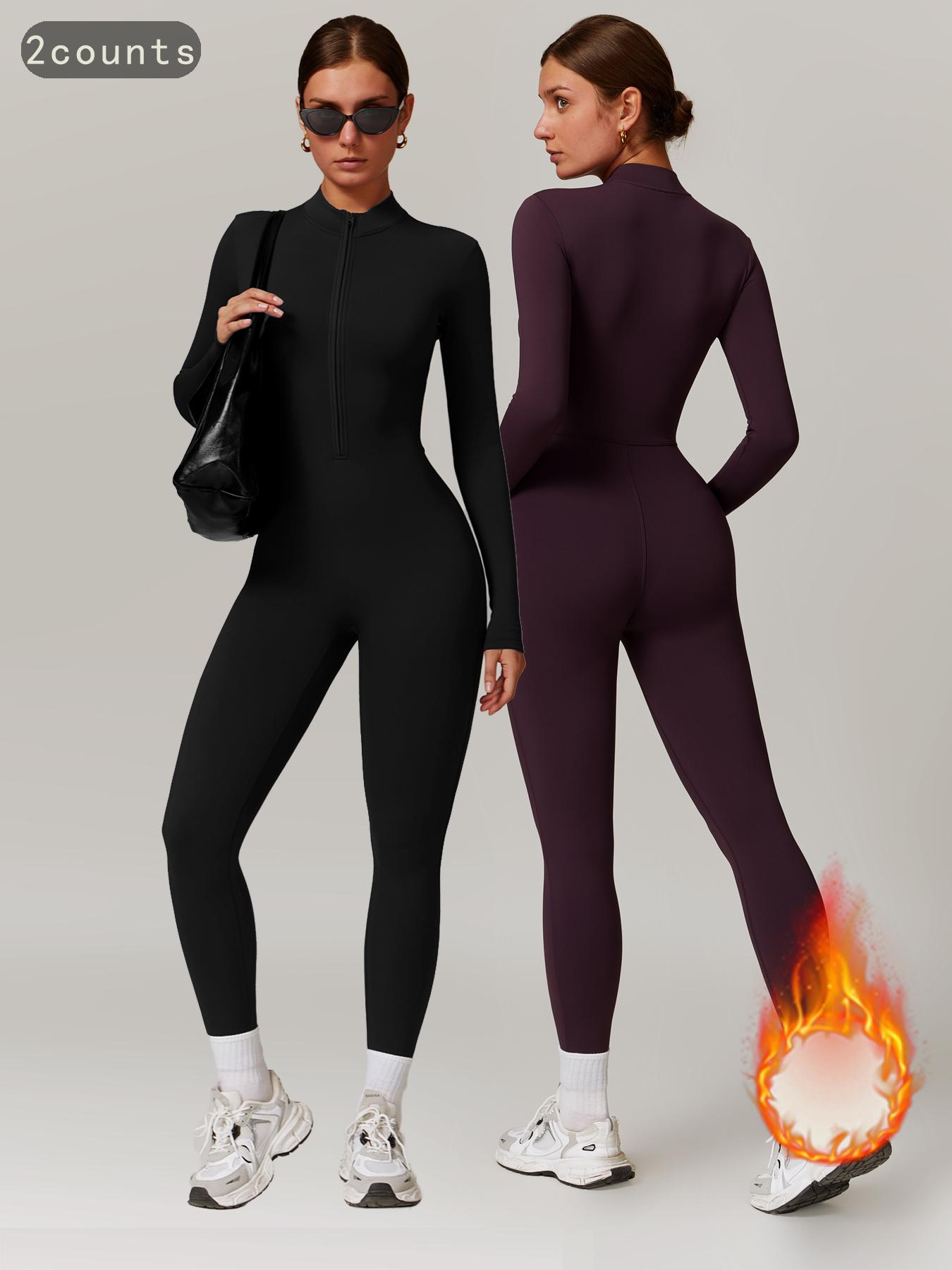 Women's Solid Zip-up Skiing Jumpsuit, Sporty Long Sleeve Onesie for Skiing Cycling, Fall & Winter Ladies Sportswear, Stretchable Activewear, Sporty Comfy Jumpsuit