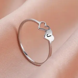 COOLTIME Initial Letter Ring for Women Stainless Steel A-Z Alphabet Double Heart Rings Simple Wedding Cheap Gift For Lover