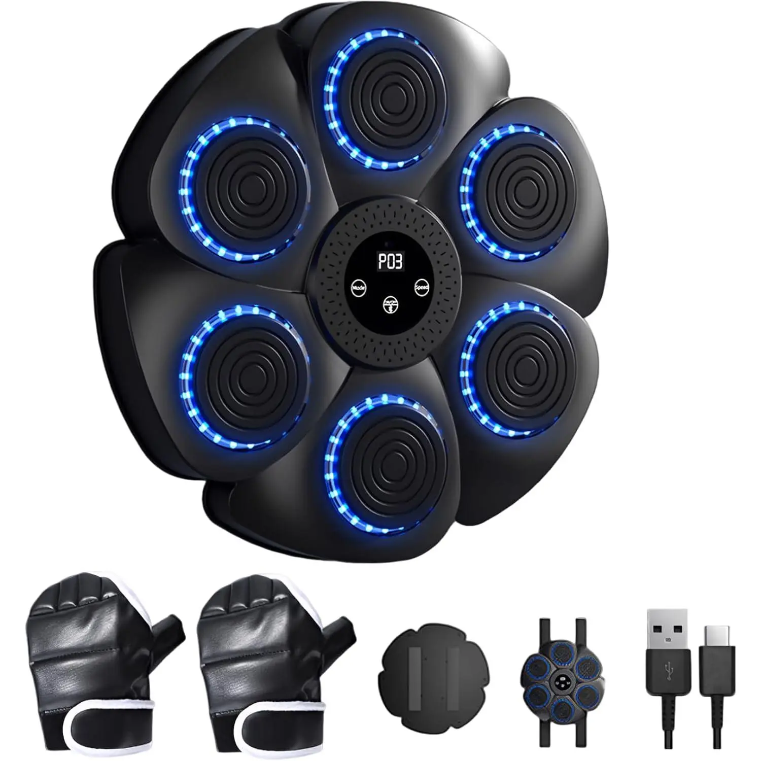 2026 Wireless Musics Boxing Machine for Adults, Wall Mounted Smart Trainer with 6 Target Pads, 9 Adjustable Modes, RGB Rhythm Lights, 15.7 in Diameter, Home Fitness Set with Half Finger Gloves