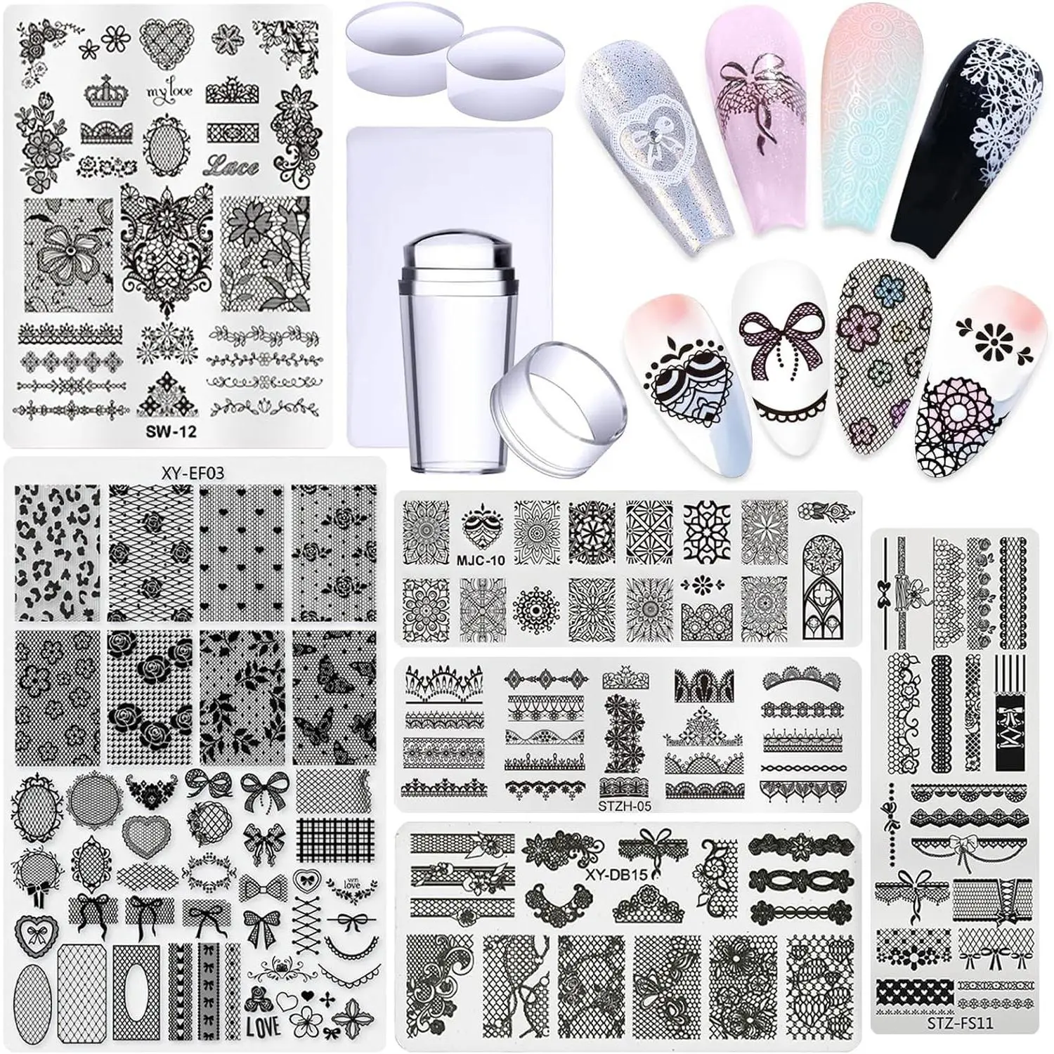 6pcs Lace Flower Design Nail Stamping Plate Kit With French Tip Nail Stamper Ribbon Bow Knot Nail Stencil Reusable Stainless Steel Manicure Tool Nail Supplies for Salon DIY
