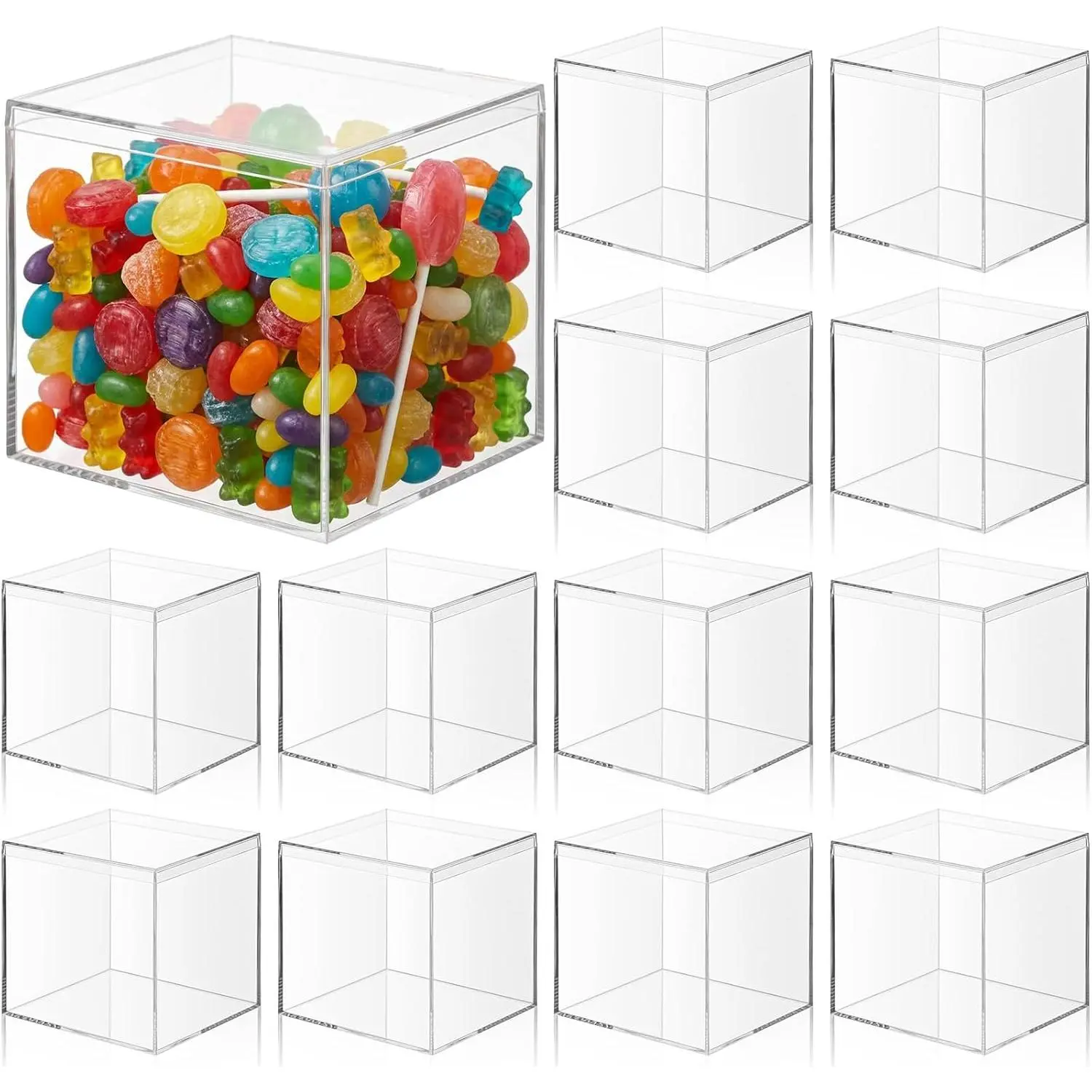 12 count Clear  Box with Lid, 4 x 4 Inch Square Decorative Storage Container for Candy, Little Trinkets, and  Display