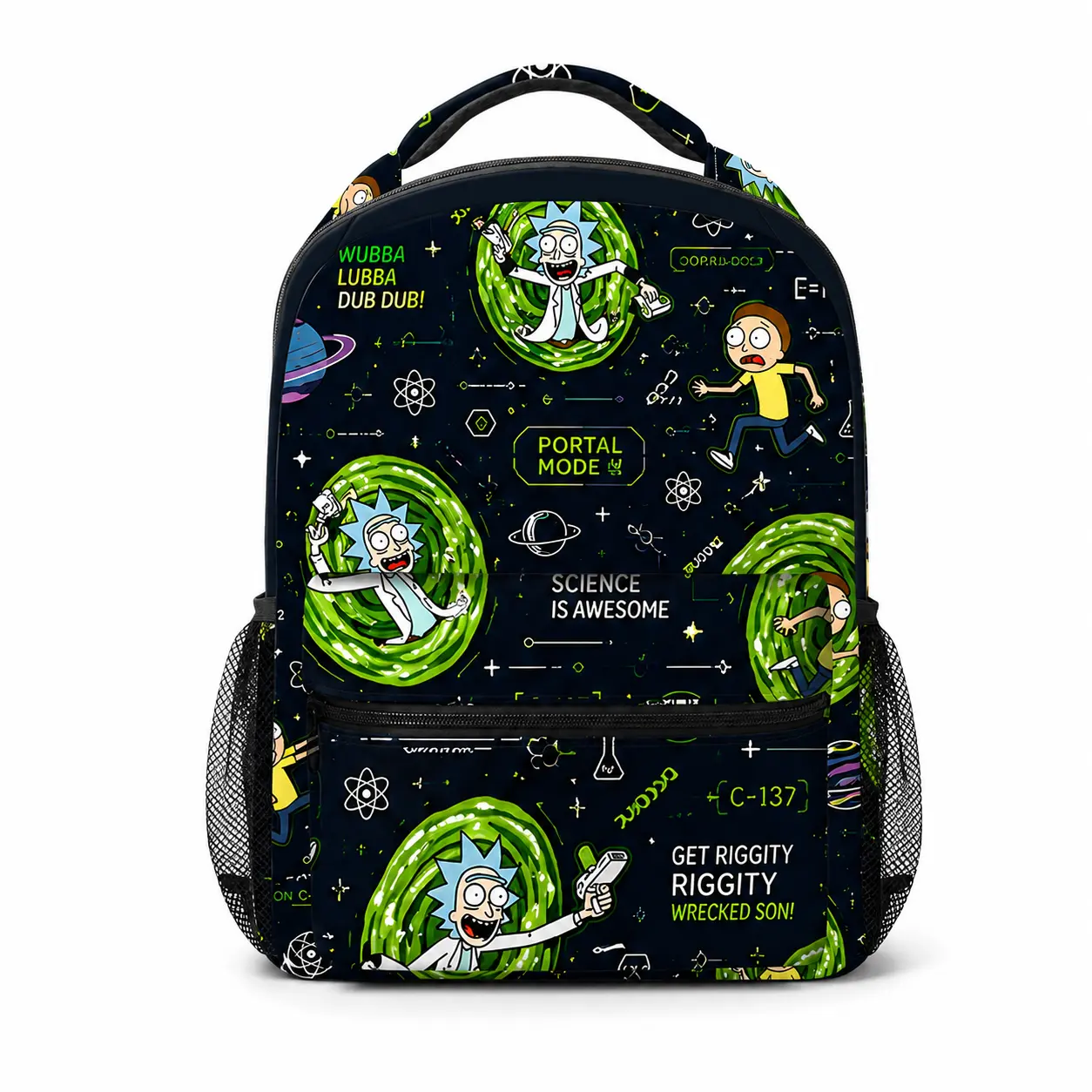 Rick and Morty Portal Print Backpack, Large Capacity School Bookbag with Front Zipper Pocket and Side Mesh Pockets for Teens Students Travel，sport backpack