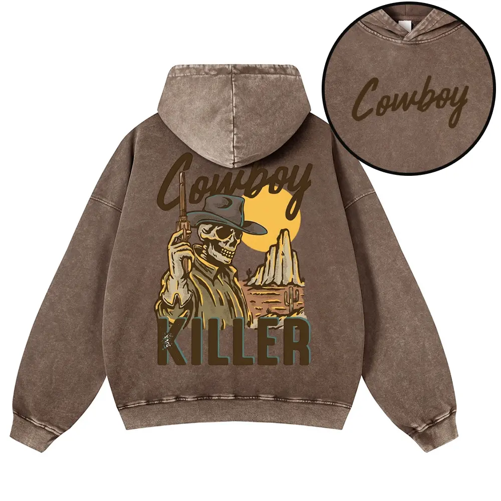 Vintage Western Rodeo Hoodie Oversized Acid Wash Cowboy Killer Skeleton Gunslinger Graphic Sweatshirt Country Music Unisex Streetwear Pullover