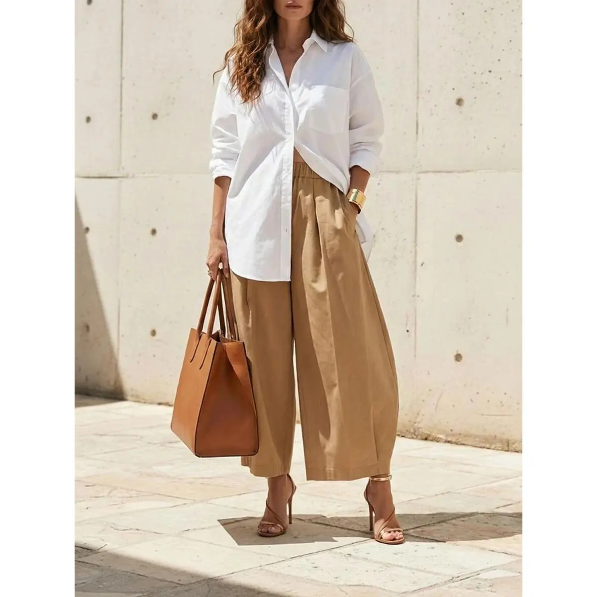 Women's Solid Khaki Elastic Waist Pleated Wide Leg Cropped Balloon Pants - Loose Fit, Relaxed Cut, Minimal Chic Bottoms for Casual, Office Use; Note: Waist Runs Large, Check Size Guide or Order 1 Size Down, Cropped Length