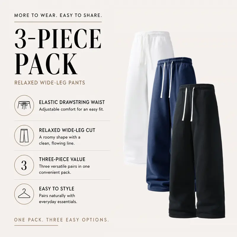 3-Pack Mixed Assorted Colors Men's Wide Leg Sweatpants Set, Loose Fit Full Length Drawstring Elastic Waist Casual Lounge Pants with Side Pockets, Sizes XXS-XXXXL for Daily Casual Styling, Group 05