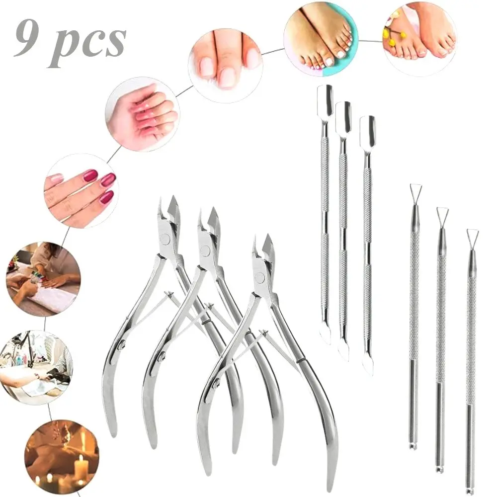 9pcs Cuticle Removal Set for Salon-Quality Manicures, Heavy-Duty Nippers & Dual-Head Scrapers, Remove Dry Cuticles Without Damaging Nails