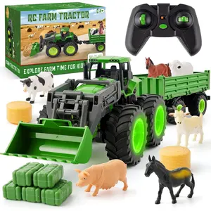Remote Control Tractor Toy, Kids RC Tractor Set with Truck & Trailer and Light/Loading/8 Wheel, 2.4 Ghz RC Farm Vehicle Toys, Animal Farm Kids Toy for 3 4 5 6 7 8 9 Year Old Boys Girls Birthday Gift