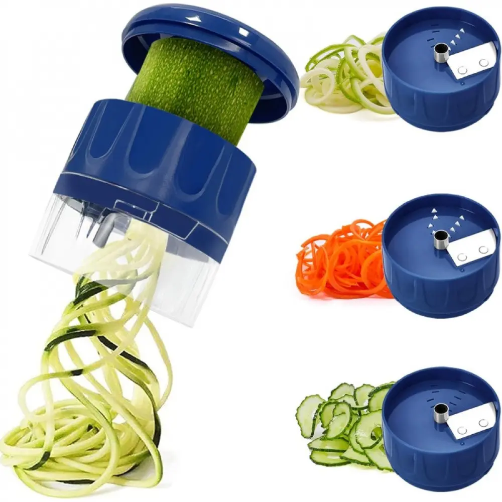 Vegetable Spiralizer 3-In-1, Zucchini Spiralizer Noodle Maker, Adjustable Food-Grade Stainless Steel Blade, Zoodle Maker for Zucchini, Cucumber, Carrot, Veggie Pasta, Low-Carb Meals (Blue)