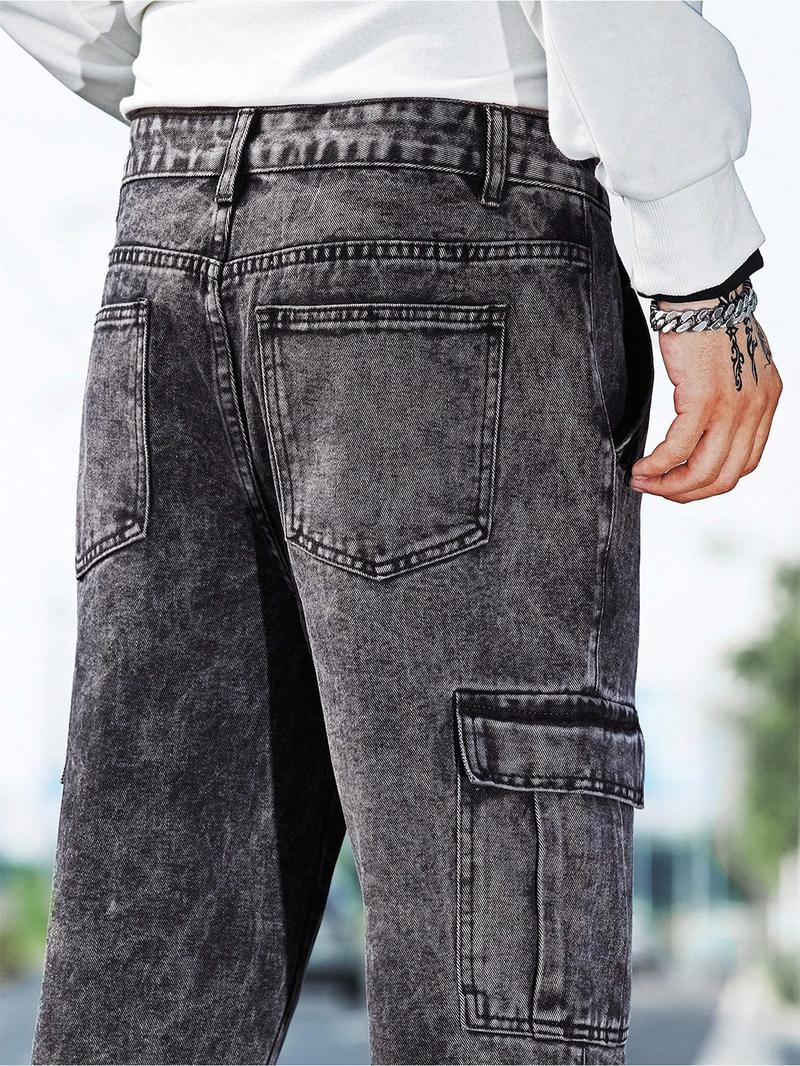 Men's Solid Flap Pocket Cargo Jeans, Loose Casual Street Fashion Denim Pants for Daily Wear, Men's Trousers for All Seasons