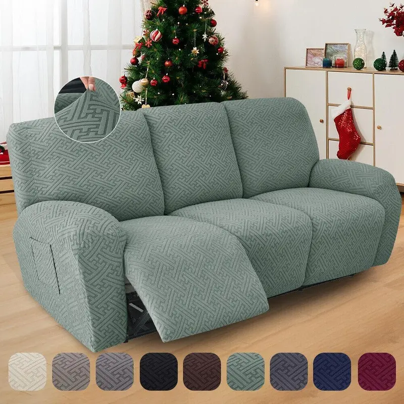 1/2/3 Seater Solid Color Elastic Washable Recliner Cover, Stretch Jacquard Armchair Covers Couch Slipcover With Pocket for Home Living Room Office