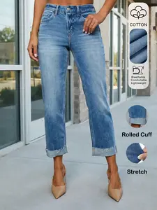 Women's Elastic Straight Leg Jeans, Vintage Washed Ankle-Length Pants, Slimming Rolled Hem, Casual Office Wear, All-Season Fashion, Bottom