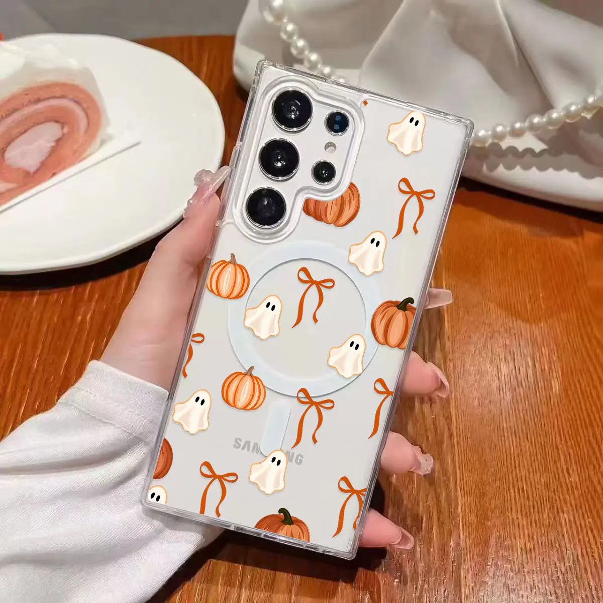 Ghost Pumpkin Orange Bow Clear Wireless Charging Military-Grade Protection Shockproof Slim Magnetic Phone Case for Samsung Galaxy S59 S25 S24 Ultra S23 S22 S21 S20 Plus Edge FE A14 A15 A16 A35 A36 A54 A56 Note20ultra A57 A55 A37 A26 A25 A17 A06, Halloween