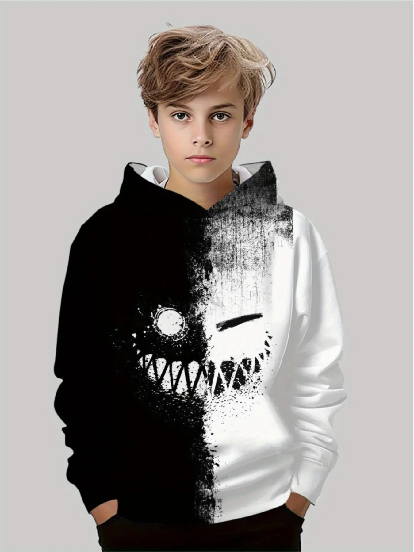 Trendy Graffiti Smiley Hoodie with Hood for Boys, Graphic Print Loose Fit Sweatshirt, Multicolor Pattern Casual Top, Spring & Fall Long Sleeve