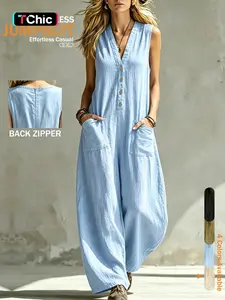 Women's Lightweight Sleeveless V-Neck Romper, Fashionable Breathable One-Piece, Trendy Everyday Summer Wear for Ladies