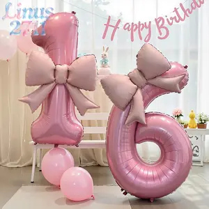 Matte Pink Giant Number Foil Balloon With Bow Helium Digit Balloon Girls Milestone Birthday Baby Shower Princess Theme Party Photography Backdrop Decor
