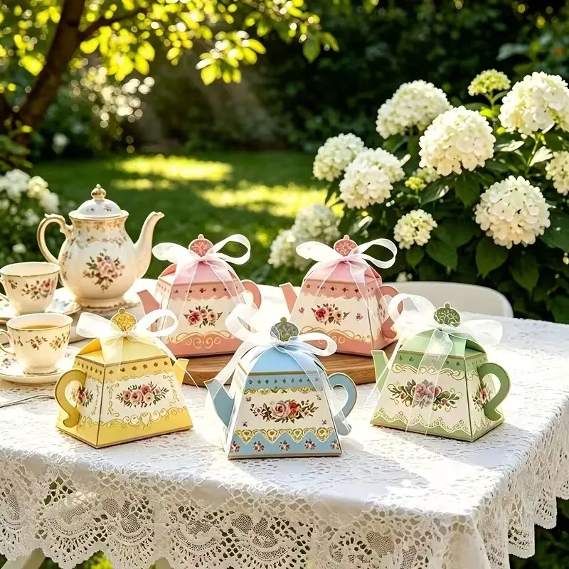 Six-Piece Vintage Floral Teapot Gift Box Set, Paper Gift Boxes with Ribbon, Perfect for Weddings and Baby Showers, Mini Storage for Candies and Small Gifts