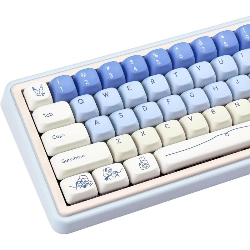 Blue White PBT Keycaps, MOA Profile, Custom Keyboard Keycap, Minimalist Style Dye Sub Keycaps, 130 Keys Anime Keycap Set for Cherry Gateron MX Switches Gaming Keyboard