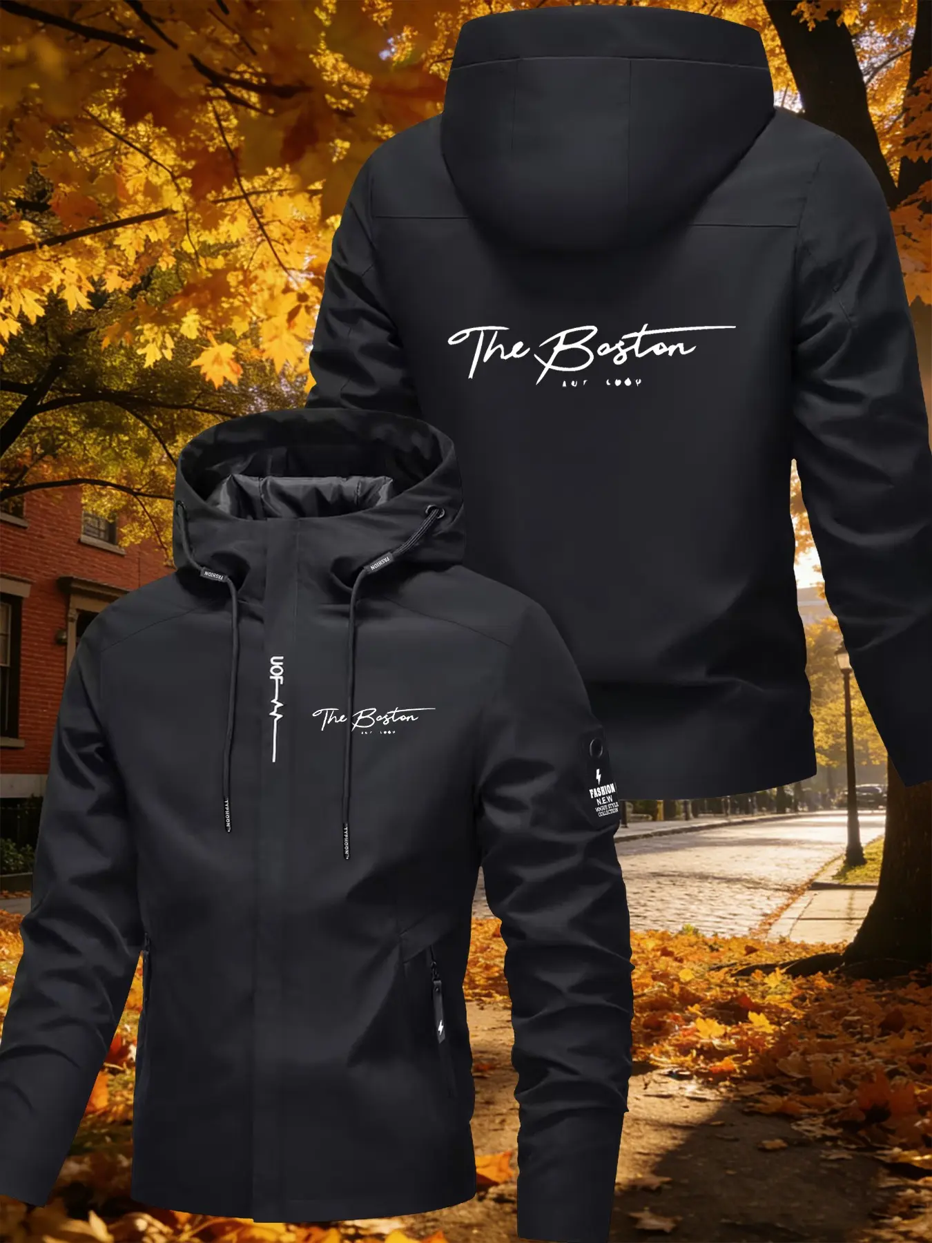 The Boston Handwritten City Text Print Men's Hooded Windbreaker Jacket Boston Style Casual Streetwear Urban Fashion Trendy Design Daily Wear Statement Piece For Modern Men