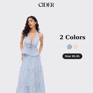 Cider Cotton-blend Halter Neckline Stripe Tie Front Shirred Top & Mid Rise Elastic Waist Ruffle Maxi Skirt Set