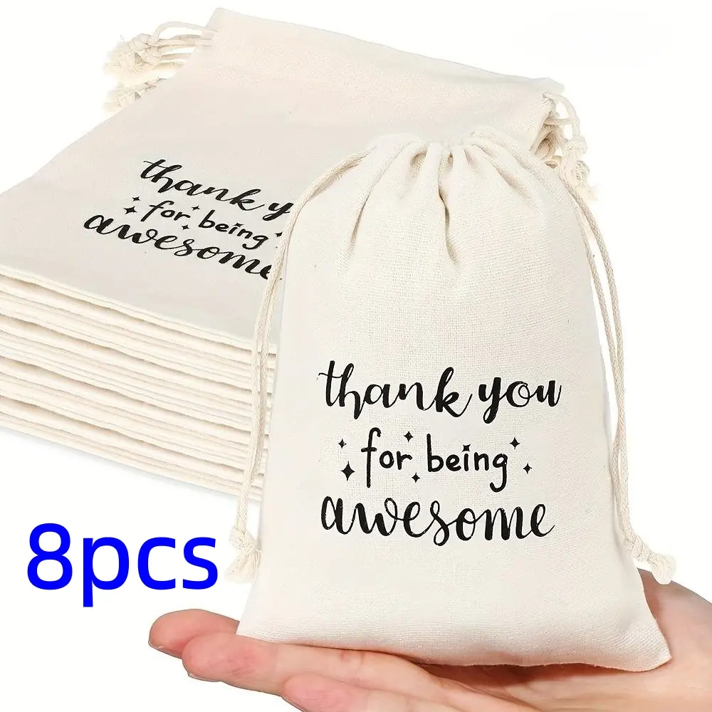 8pcs Drawstring Gift Bags, Thank You Gifts for Colleagues, Imitation Hemp Cloth Pouches, Jewelry Packaging Storage Bag, Thanksgiving Halloween Christmas