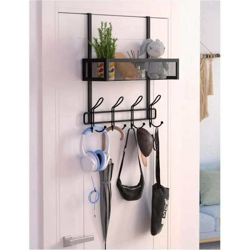 Over the Door Hooks Organizer with 12 Coat Hooks and 1 Mesh Basket, Space-Saving Back of Door Storage Rack for Towels, Hats, Bags and Clothes