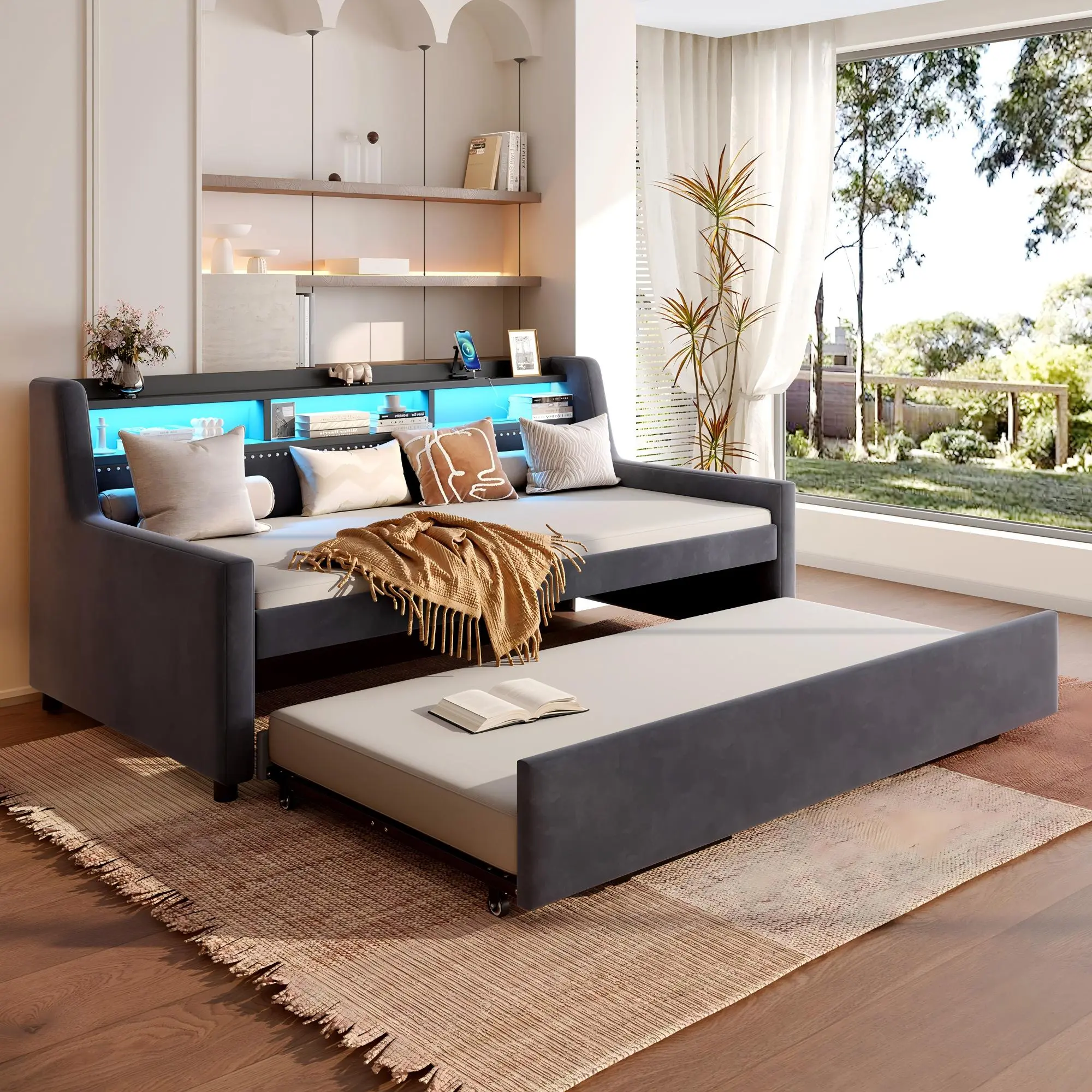 ARCH Twin Size Daybed with Trundle, Upholstered Velvet Day Bed with LED Lights and Charging Station, Wood and Metal Frame, Guest Bedroom Furniture, Kids Teens Room, Pull Out Trundle Bed Frame, Home Furniture and Household Product Search Terms