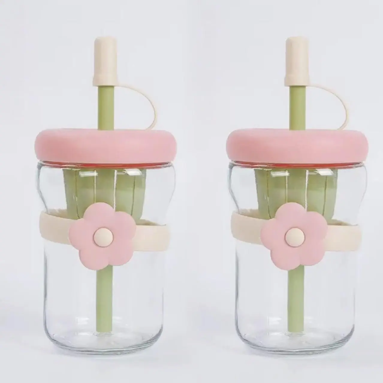 Glass cup set (flower-shaped), stylish -the-go straw cup, cold brew coffee cup, beverage cup with lid and straw, 17 oz/500ml capacity, twinset, suitable for  or office use. (blue) ()