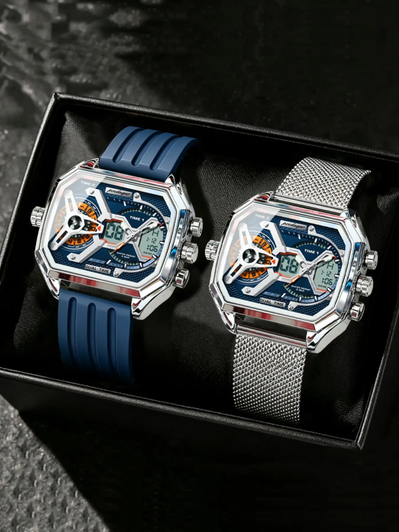 POEDAGAR top-tier men's quartz watch set for brothers, rectangular waterproof date and day LED fashionable casual men's watch