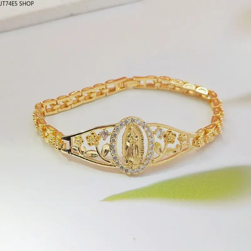 Vintage Hollow Floral Geometric Brass Gold Plated Watch Link Bracelet With Engraved Portrait Charm, Daily Decor Wrist Jewelry