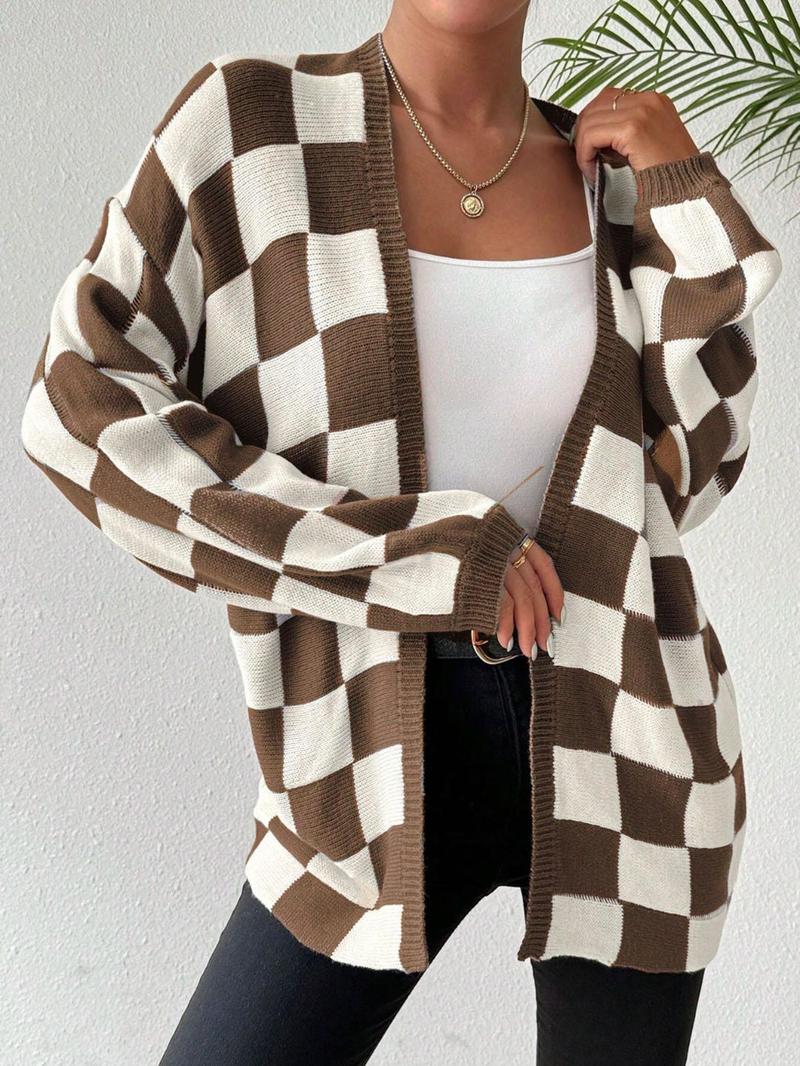Women's Checkerboard Print Bishop Sleeve Open Front Cardigan, Fashion Casual Long Sleeve Knitwear for All Seasons, Women's Knit Clothing for Daily Wear, Cardigan for Women