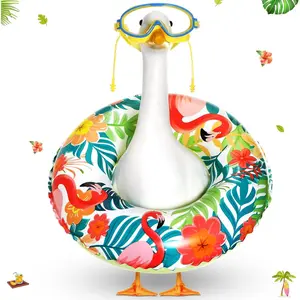 2 Pcs Hawaiian Porch Goose Outfit, Flamingo Summer Luau Lawn Goose Statue Clothes Costume Pool Floats Swim Goggles for Tropical Patio Yard Outdoor Decoration