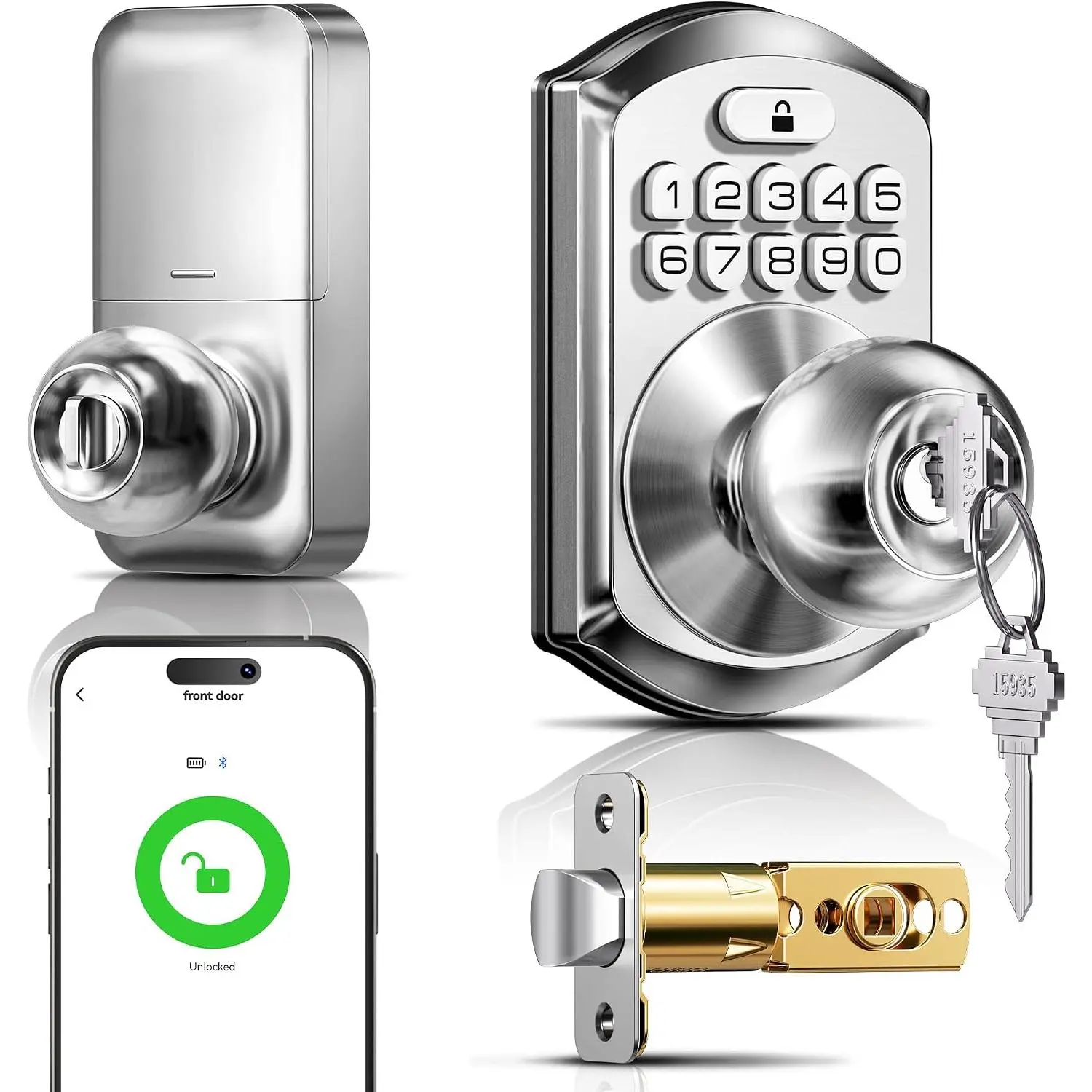 TE018  Door Knob with Keypad, App Control, Keyless Entry Digtal Door Lock with Handle, Remote Share -Time Code, Auto Lock, Easy Installation for Front Door, Bedroom, Rental, Satin Nickel