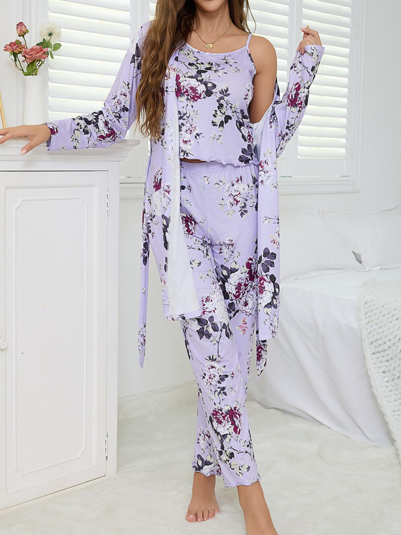 Women's All Over Floral Print Pajama Set, Long Sleeve Open Front Outwear & Pants & Cami Top, Casual Comfy Fitted Sleepwear Set for Women, Loungewear, Knit, Camisole Women's All Over Floral Print Pajama Set, Long Sleeve Open Front Outwear & Pants & Cami Top, Casual Comfy Fitted Sleepwear Set for Women, Loungewear, Knit, Camisole