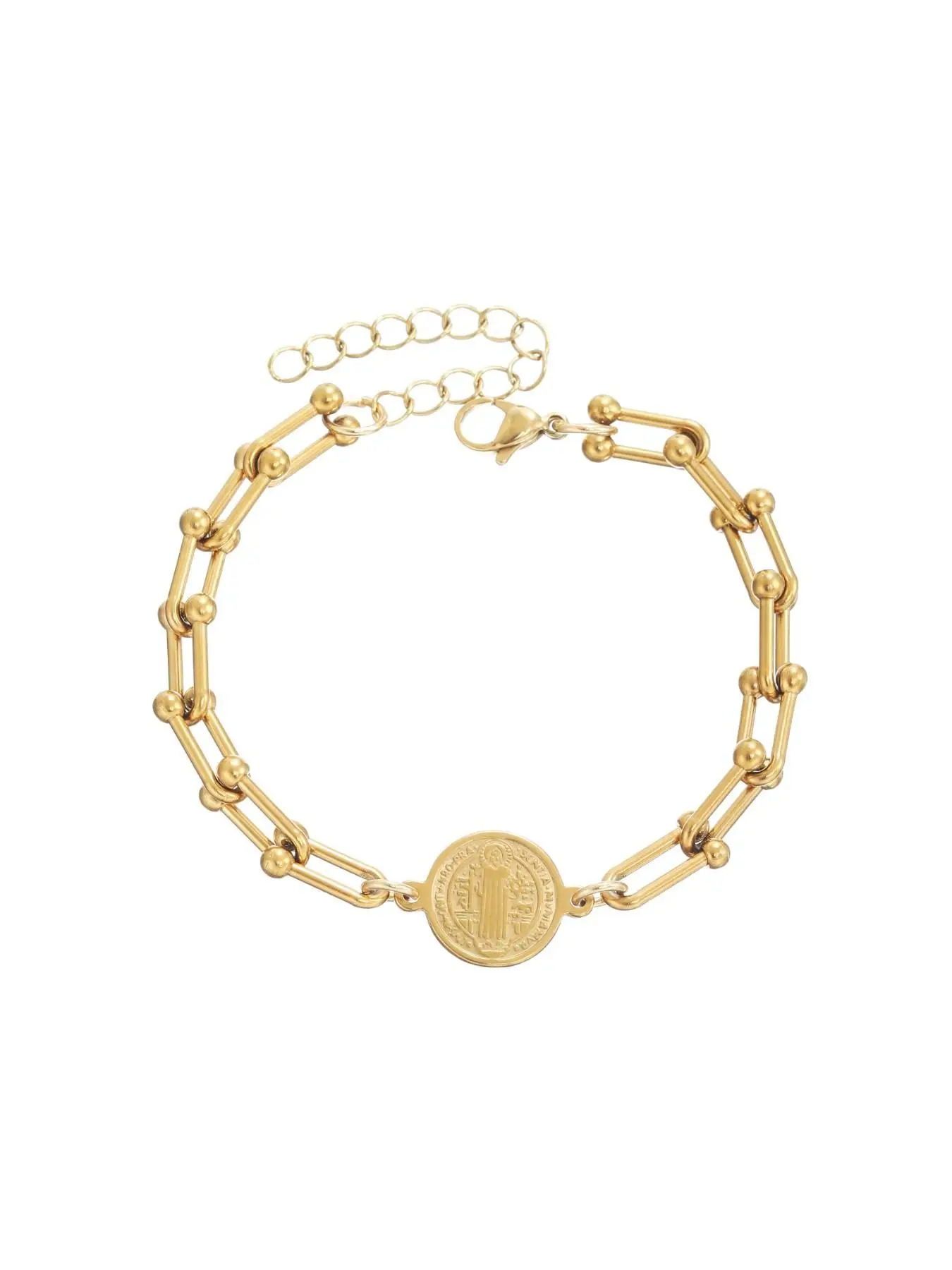Saint Benedict Medal Bracelet, Alloy Chain Jewelry Bracelet, Double Layer Adjustable Hand Chain, Religious Prayer Amulet, Non-Fading, Boho Style, All Seasons