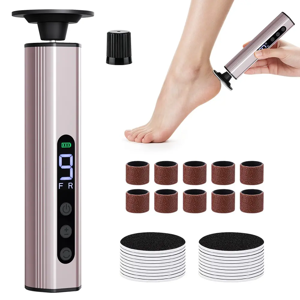 Cordless Electric Foot Grinder 9 Speeds LCD Rechargeable Pedicure Feet Callus Remover Aluminum Alloy with 20 Sandpaper Discs
